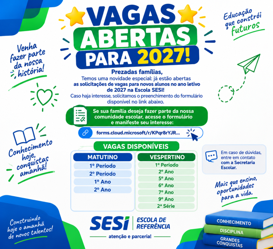 Escola SESI abre solicitação de vagas para novos alunos em 2027